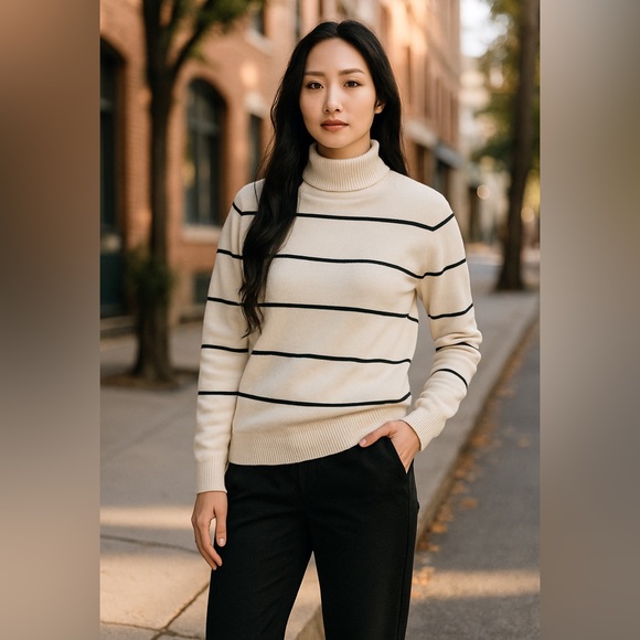 Lauren Ralph Lauren Stripe Turtle Neck Women’s Sweater White/Black New With Tags - Picture 1 of 7